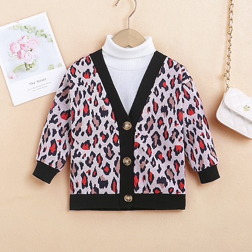 

Toddler Girls' Cardigan Leopard School Long Sleeve Active 3-7 Years Winter Red