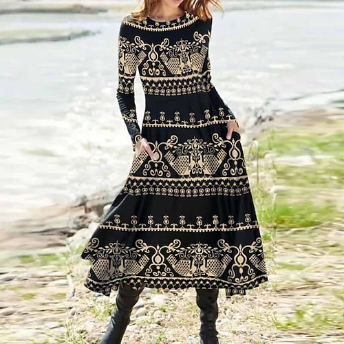 

Women's Casual Dress Swing Dress Midi Dress Yellow Long Sleeve Floral Pocket Winter Fall Autumn Winter Dress Fall Dress 2022 S M L XL XXL 3XL