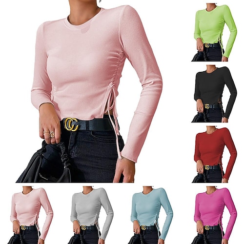 

amazon 2022 fall women's new sexy slim slit drawstring round neck slim long sleeve top t-shirt women