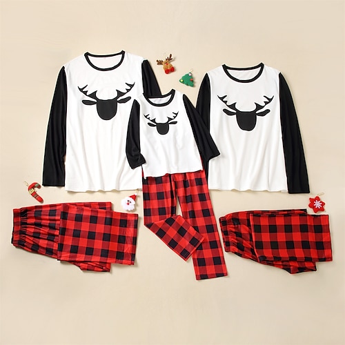 

Family Look Christmas Pajamas Plaid Deer Home White Long Sleeve Basic Matching Outfits