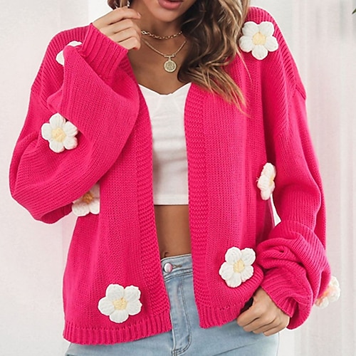 

Women's Cardigan Sweater Jumper Ribbed Knit Embroidered Knitted Floral V Neck Stylish Casual Outdoor Daily Winter Fall Green Fuchsia S M L / Long Sleeve / Holiday / Regular Fit / Going out