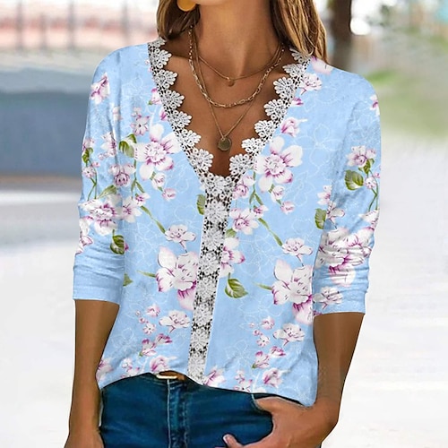 

2022 cross-border european and american spring and autumn new style medium and long sleeves comfortable casual lace v-neck printed t-shirt female factory direct sales