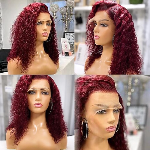 

Unprocessed Virgin Hair 13x4 Lace Front Wig Short Bob Brazilian Hair Water Wave Burgundy Wig 130% 150% Density Natural Hairline 100% Virgin Glueless With Bleached Knots Pre-Plucked For wigs for black