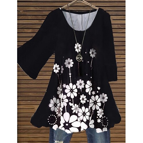 

Women's Plus Size Tops Blouse Shirt Floral Print 3/4 Length Sleeve Casual Daily Going out Cotton Spandex Jersey Winter Fall Black