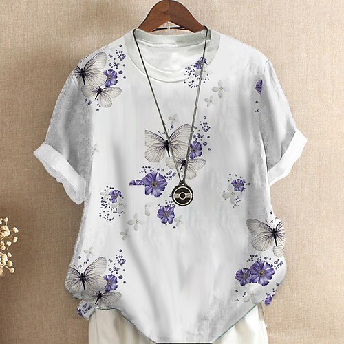 

Women's Plus Size Tops T shirt Tee Animal Floral Print Short Sleeve Crewneck Streetwear Daily Sports Cotton Spandex Jersey Spring Summer Purple Orange / Butterfly