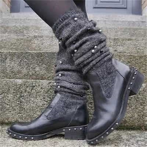 

Women's Boots Outdoor Daily Combat Boots Mid Calf Boots Winter Pearl Low Heel Chunky Heel Round Toe Casual Sweet PU Leather Loafer Solid Colored Black