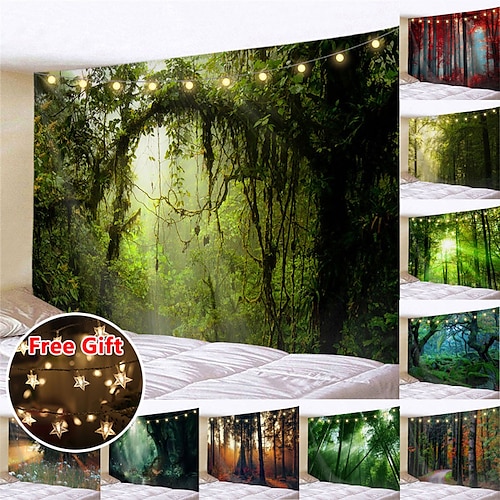 

Paisaje bosque pared verde tapiz grande arte decoración manta cortina picnic mantel colgante hogar dormitorio sala de estar dormitorio decoración regalo poliéster (con luces LED de cadena)