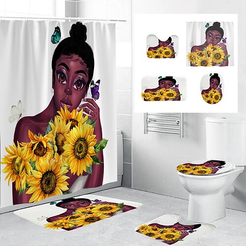 

4 Pcs Shower Curtain Set with Rugs, Toilet Lid Cover Bath Mat ,Christmas Shower Curtain with 12 Hooks,Waterproof Shower Curtain for Bathroom Set
