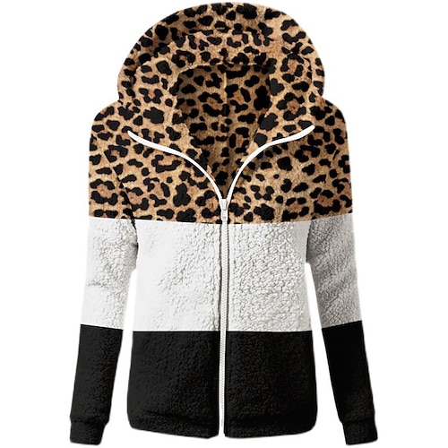 

Women's Sherpa jacket Fleece Jacket Teddy Coat Windproof Warm Outdoor Street Daily Vacation Zipper Zipper Hoodie Modern Preppy Style Leopard Regular Fit Outerwear Long Sleeve Winter Fall Green Coffee