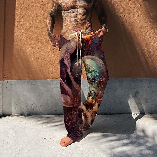 

Men's Trousers Beach Pants Drawstring Elastic Waist 3D Print Graphic Prints Flower / Floral Comfort Breathable Casual Daily Holiday Streetwear Classic Style Purple Red / Designer