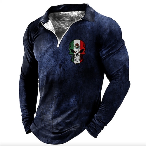 

Men's Collar Polo Shirt Golf Shirt Skull World Cup 2022 Sports Turndown Gray 3D Print Outdoor Sports Long Sleeve Zipper Print Clothing Apparel Fashion Designer Casual Breathable