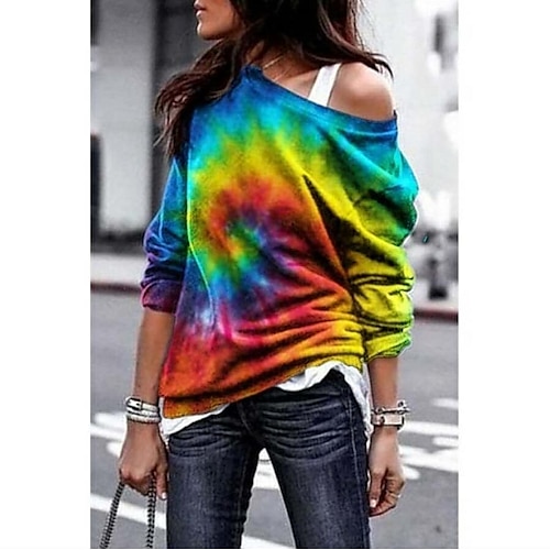 

Women's T shirt Tee Pink purple Red yellow Red Heart Tie Dye Print Long Sleeve Holiday Weekend Basic Diagonal Neck Regular Abstract Painting S