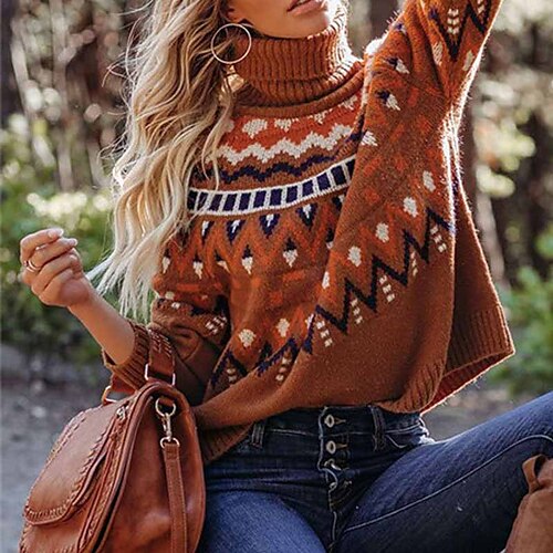 

Women's Pullover Sweater jumper Jumper Ribbed Knit Knitted Geometric Turtleneck Stylish Vintage Style Halloween Daily Winter Fall Khaki Orange S M L / Long Sleeve