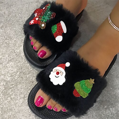 

Women's Slippers Home Christmas Fuzzy Slippers Fluffy Slippers Plus Size House Slippers Winter Low Heel Open Toe Classic Synthetics Loafer Black Rosy Pink