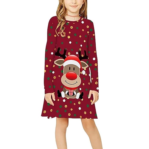 

Kids Girls' Christmas Party Dress Polka Dot Elk Casual Dress Christmas Gifts Casual Crewneck Wine Above Knee Long Sleeve Adorable Dresses Christmas Fall Winter Regular Fit 3-10 Years