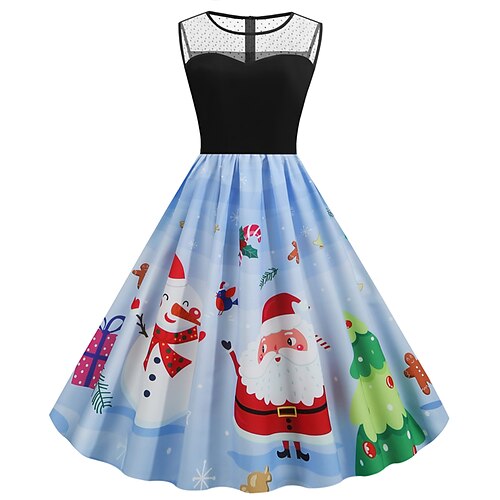 

Women's Christmas Casual Dress Swing Dress Midi Dress Blue Royal Blue Dark Blue Light Blue Sleeveless Santa Claus Snowman Mesh Print Winter Fall Crew Neck Vacation Vintage 2022 S M L XL XXL