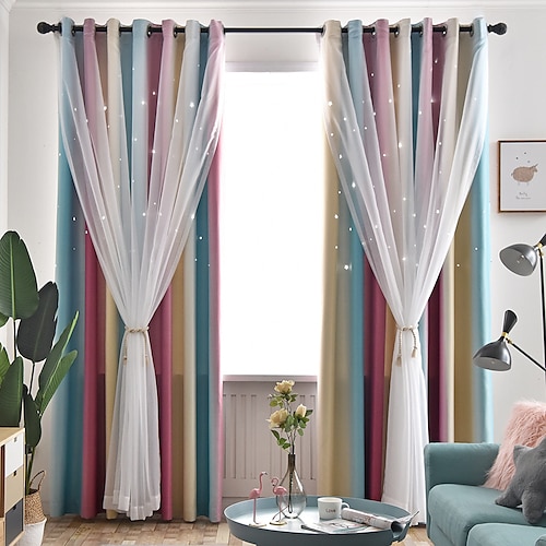 

One Panel American Style Double-Layer Color Strips Thickened Hollow Star Blackout Curtains Living Room Bedroom Dining Room Children's Room Insulation Curtains