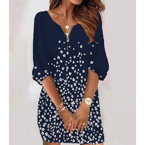 

Women's Casual Dress Blue Dark Blue Long Sleeve Floral Zipper Print Fall Crew Neck Casual Modern Fall Dress 2022 S M L XL 2XL 3XL 4XL 5XL 6XL / Winter Dress