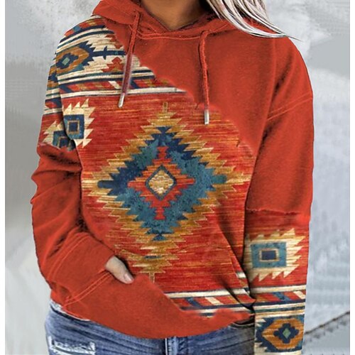 

Women's Plus Size Tops Hoodie Sweatshirt Tribal Pocket Print Long Sleeve Hooded Vintage Streetwear Casual Daily Going out Polyester Winter Fall khaki Red