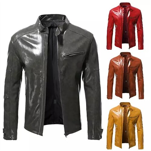 

Men's Faux Leather Jacket Durable Casual / Daily Daily Wear Vacation To-Go Zipper Crew Neck Comfort Leisure Jacket Outerwear Solid / Plain Color Pocket Dark Brown Light Brown Burgundy