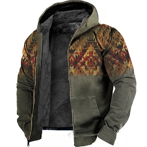 

Men's Fleece Jacket Full Zip Hoodie Fleece Hoodie Sherpa Jacket Green Hooded Geometric Graphic Prints Zipper Print Sports Outdoor Daily Sports 3D Print Fleece Vintage Streetwear Designer Winter