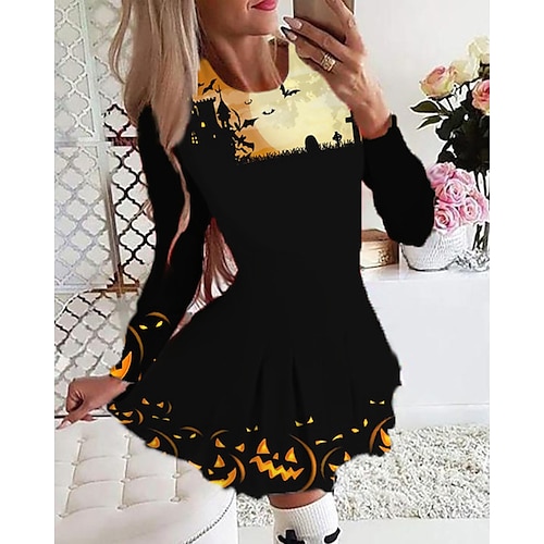 

Women's Casual Dress Swing Dress Blue Yellow Long Sleeve Pumpkin Pleated Winter Fall Autumn Crew Neck Romantic Winter Dress Fall Dress 2022 S M L XL 2XL 3XL 4XL 5XL 6XL