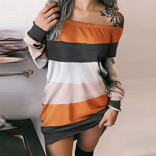 

Women's Casual Dress Blue Orange Red Long Sleeve Striped Backless Winter Fall Autumn Off Shoulder Modern Winter Dress Fall Dress Loose Fit S M L XL XXL