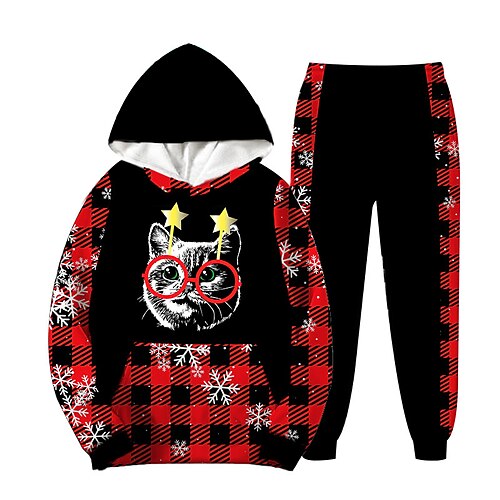 

2 Pieces Kids Girls' Ugly Christmas Animal Pants Suit Set Long Sleeve Vacation Christmas Gifts 7-13 Years Winter Black Yellow / Cute / Plaid / Fall