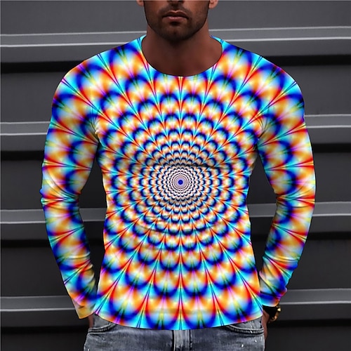 

Men's T shirt Tee Geometric Optical Illusion Graphic Prints Crew Neck Orange 3D Print Outdoor Street Long Sleeve Print Clothing Apparel Basic Sports Designer Casual