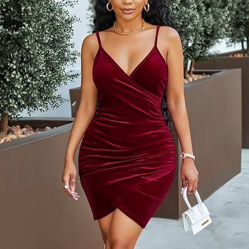 

Women's Velvet Dress Red Holiday Dress Short Mini Dress claret Black Sleeveless Pure Color Ruched Fall Winter V Neck Party Sexy 2022 S M L XL