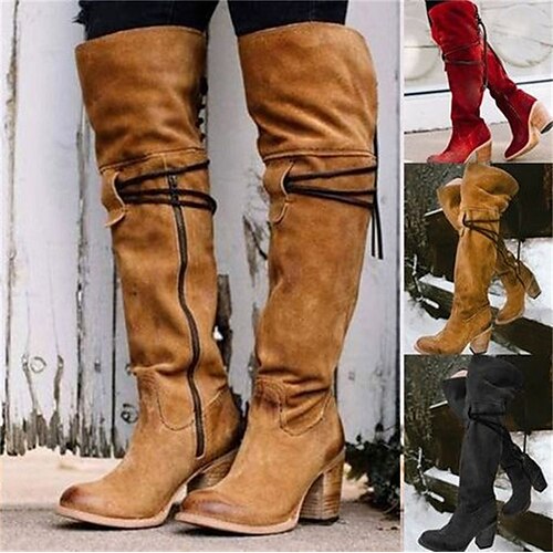 

Mulheres Botas Botas de salto Ao ar livre Diário Botas Longas Inverno Salto Alto Salto Robusto Dedo Apontado Elegante Casual Estilo industrial Sintéticos zíper Cor Sólida Preto Vermelho Marron