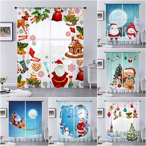 

Cortinas semi transparentes de boneco de neve de natal 1 painel, cortinas de tratamento de janela branca de floco de neve de inverno de árvore de natal, cortinas de filtro de luz haste cortinas de