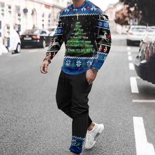 

Men's Tracksuit Hoodies Set Blue Crew Neck Graphic Christmas Tree 2 Piece Print Sports & Outdoor Casual Sports 3D Print Basic Streetwear Sportswear Fall Spring Clothing Apparel Hoodies Sweatshirts