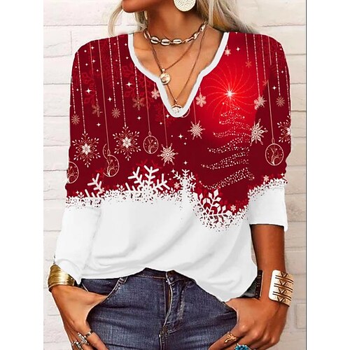 

Women's Shirt Red Graphic Snowflake Print Long Sleeve Christmas Weekend Streetwear Casual V Neck Regular S