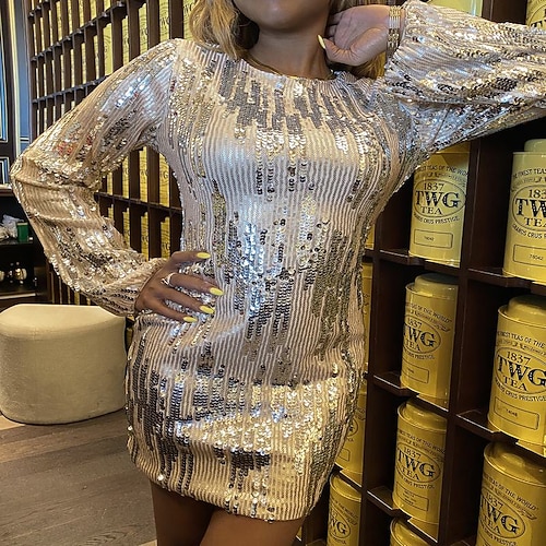 

Women's Sequin Dress Bodycon Silver Long Sleeve Pure Color Sequins Winter Fall Autumn Crew Neck Fashion Fall Dress 2022 XS S M L XL