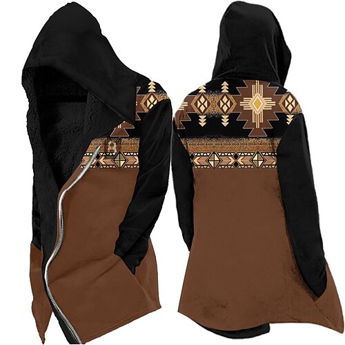 

Men's Jacket Fleece Lining With Pockets Daily Wear Vacation Going out Zipper Hoodie Vintage Ethnic Casual Jacket Outerwear Geometic Graphic Prints Front Pocket Fleece Print khaki