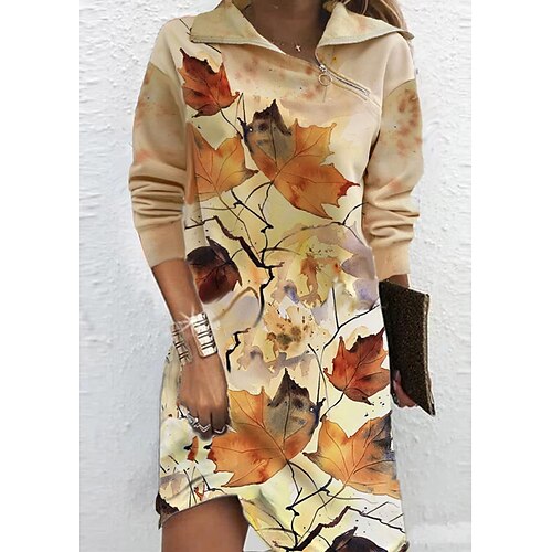 

Women's Sweatshirt Dress Winter Dress Brown 3/4 Length Sleeve Print Print Winter Fall Shirt Collar Stylish Modern 2022 S M L XL 2XL 3XL