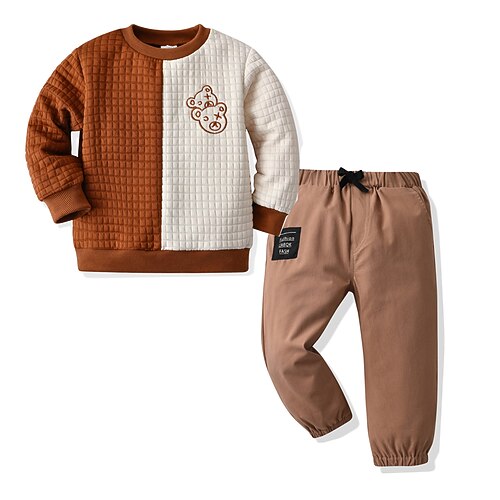 

2 Pieces Boys Hoodie & Pants Outfit Cartoon Color Block Long Sleeve Pocket Cotton Set School Cool Daily Winter Fall 3-7 Years Chocolate