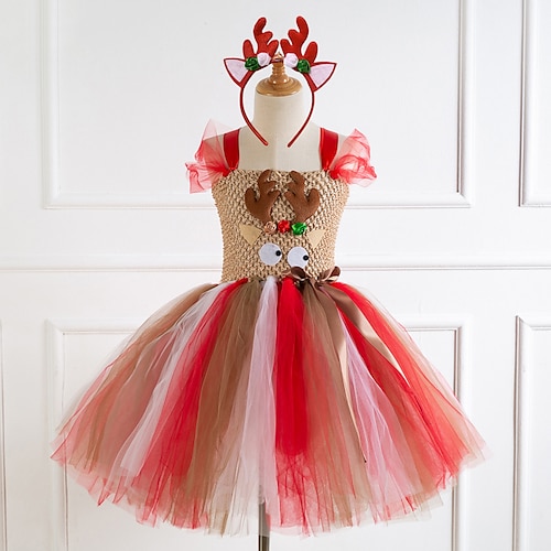 

Kids Girls' Christmas Dress Cartoon A Line Dress Dress Party Short Sleeve Princess Dress 3-10 Years Spring Light Brown Red Brown / Summer