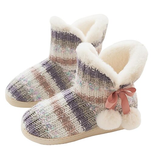 

Women's Bootie Slipper Pom Poms Knit Warm Fleece Bootie Slipper Soft Warm Fuzzy Lined House Slipper Boots with Memory Foam for Winter Indoor/Outdoor