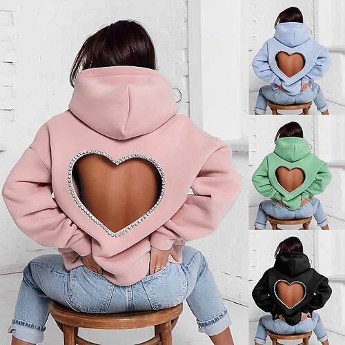 

Women's Hoodie Heart Basic Hooded Regular Winter Light Blue Green Pink Black
