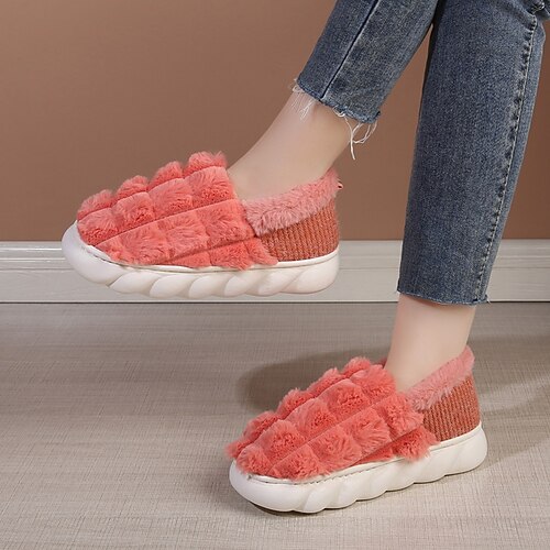 

Women's Slippers Home Indoor Shoes Fleece Slippers Winter Flat Heel Round Toe Polyester Loafer Green Rosy Pink Red