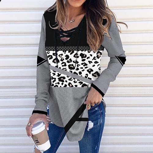 

Women's Sweatshirt Pullover Streetwear Gray Leopard Street V Neck Long Sleeve S M L XL 2XL