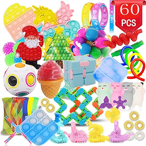 

Fidget Toy Pack 60sensory toy sets with unlimited cubes stress balls and pop tubes for stress relief and anti-anxiety party goodies class prizes and Easter basket stuffing