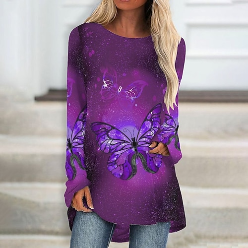 

Women's T shirt Tee Green Blue Purple Butterfly Print Long Sleeve Holiday Weekend Basic Round Neck Long Butterfly Painting S