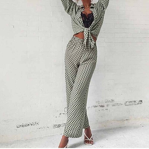 

Women's Loungewear Sets Nighty 2 Pieces Geometic Zebra Fashion Sport Comfort Home Street Airport Satin Breathable Lapel Long Sleeve Shirt Pant Fall Spring Light Green / Silk