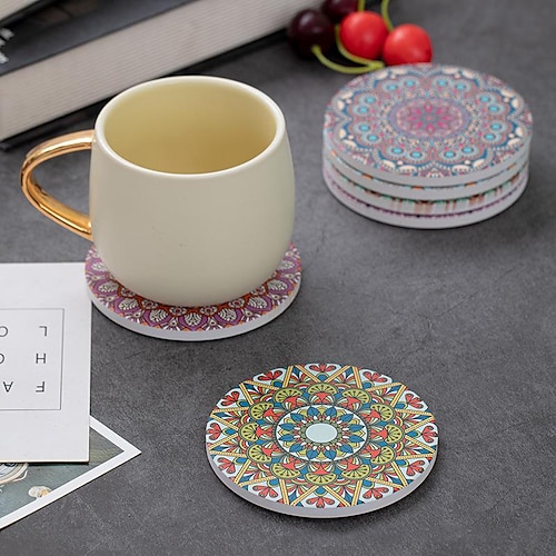 

Coasters for Drinks, Absorbent Stone Coasters for Wooden Table, Mandala Ceramic Coasters with Cork Base, Gift for Housewarming Birthday and Family - Great Home and Dining Room Decor 4 Inches