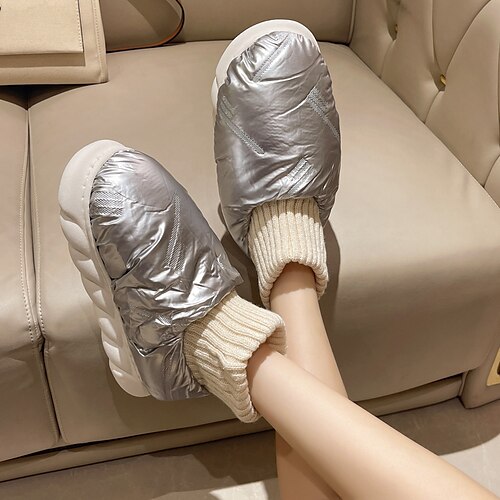 

Women's Slippers Home Daily House Slippers Indoor Shoes Warm Slippers Winter Flat Heel Round Toe Casual Minimalism PU Leather Loafer Solid Colored Silver Yellow Rosy Pink