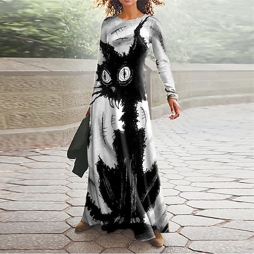 

Women's Casual Dress Swing Dress Long Dress Maxi Dress Black Long Sleeve Animal Cat Pocket Print Winter Fall V Neck Vacation Casual Halloween Fall Dress 2022 S M L XL XXL 3XL / Winter Dress