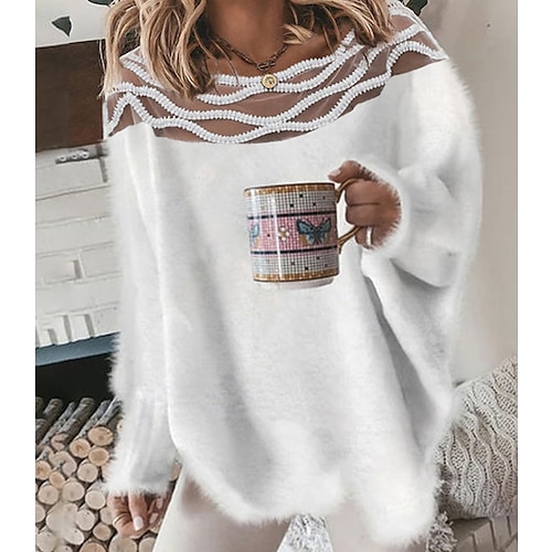 

Women's Pullover Sweater Jumper Crochet Fuzzy Knit Cropped Lace Trims Solid Color Crew Neck Stylish Daily Going out Winter Fall White S M L